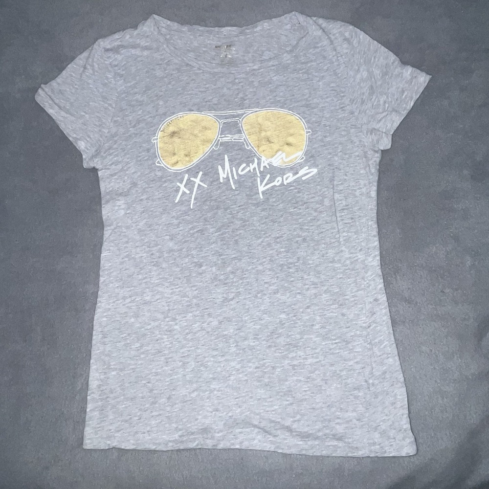 Michael Kors Women's XS Organic Gray Cotton T-Shirt Gold Aviator Sunglasses